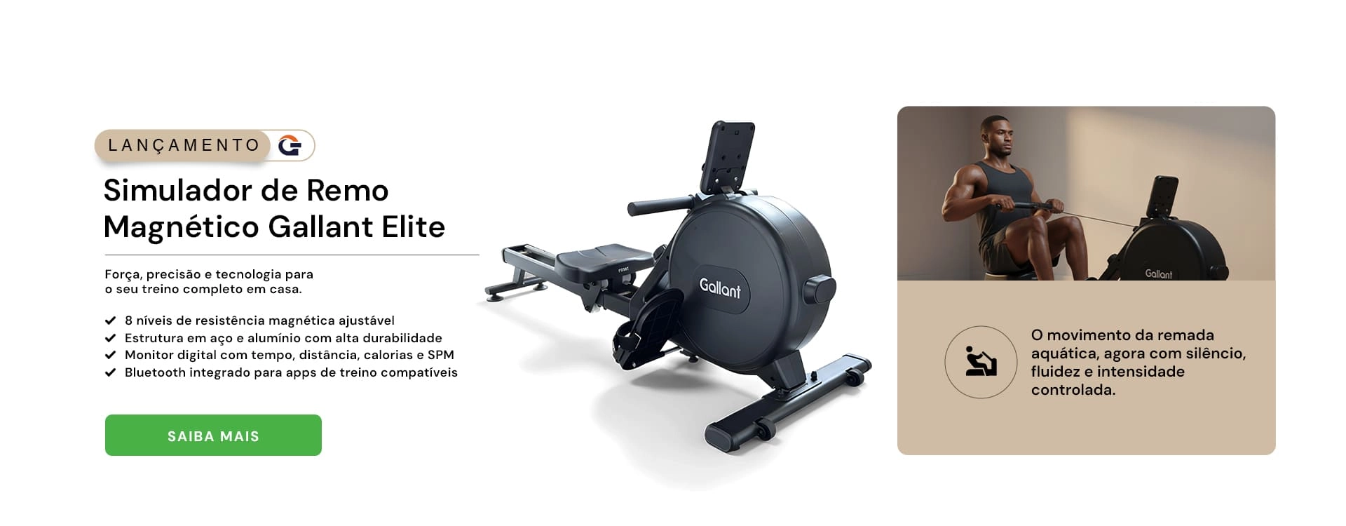 Simulador de Remo Magnético Gallant Elite sendo utilizado por um atleta. Anuncio de Lançamento