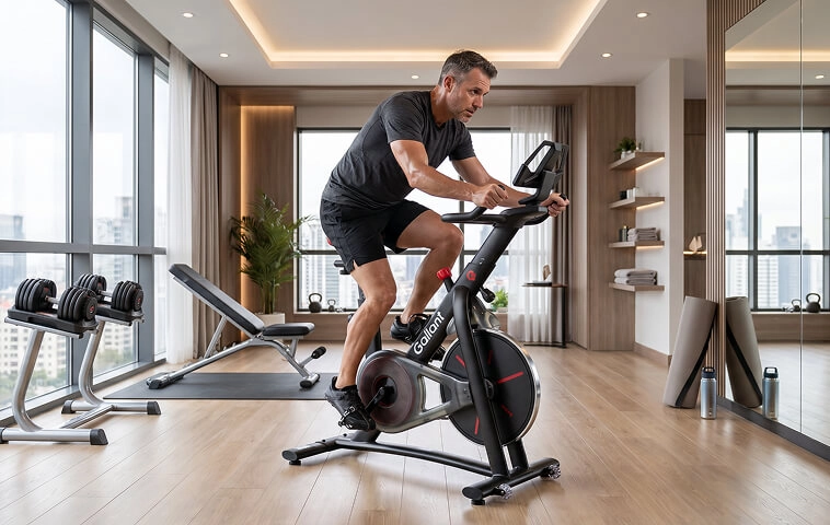 Homem se exercitando na Bicicleta Spinning Connect Max