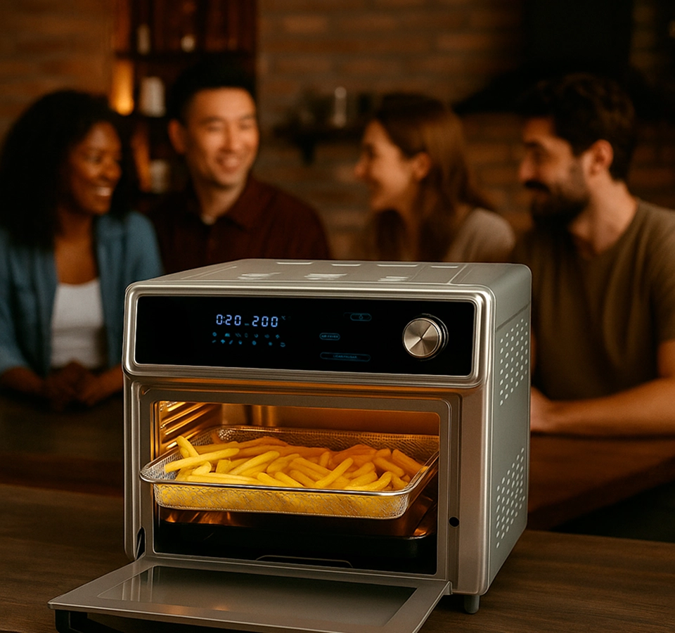 Imagem ilustrativa de um grupo de amigos próximos a um forno digital