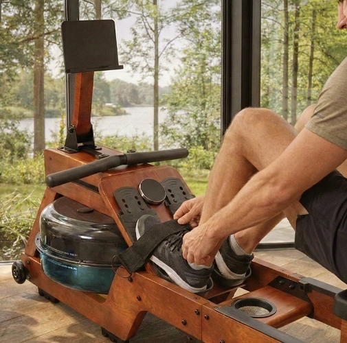 Imagem de uma pessoa ajustando os pés no Aparelho Simulador de Remo a base de água Gallant