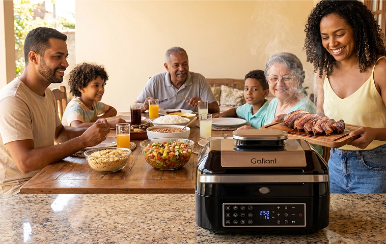 Mulher preparando churrasco para familia em Air Fryer Barbecue