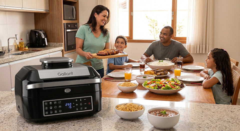 Mulher preparando churrasco para familia em Air Fryer Barbecue