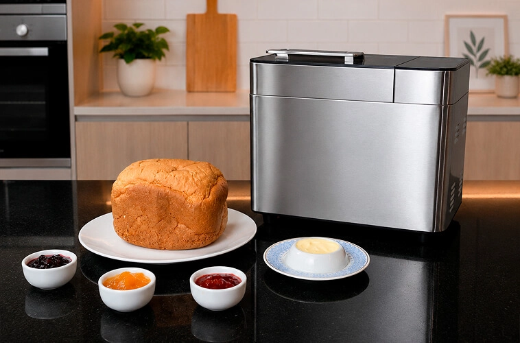 Panificadora Digital Gallant com pão caseiro e spreads ao seu lado