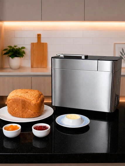 Panificadora Digital Gallant com pão caseiro e spreads ao seu lado